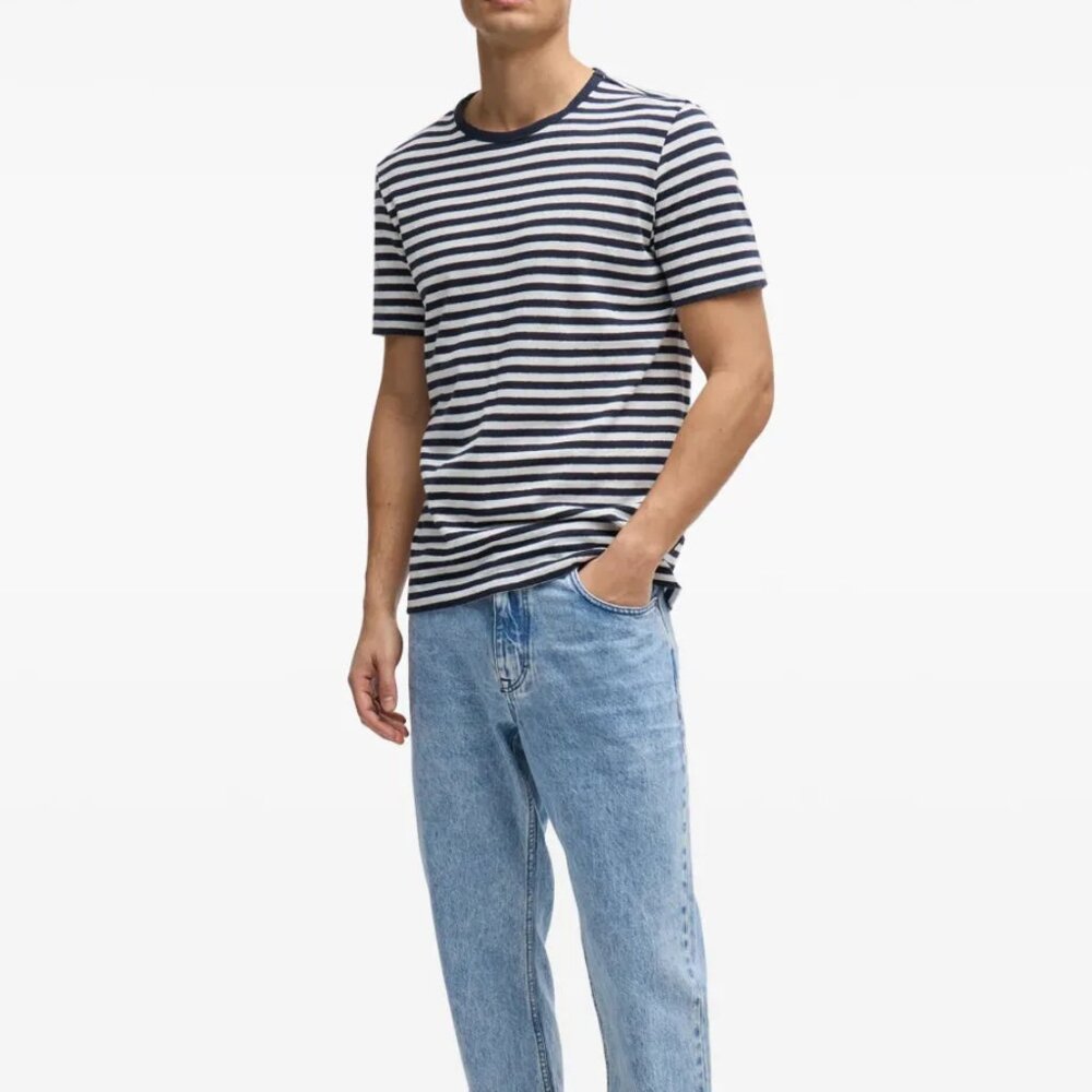 NEW! HUGO BOSS MEN'S Pure Linen Regular-fit T-shirt Blue Stripe MEDIUM CLASSIC